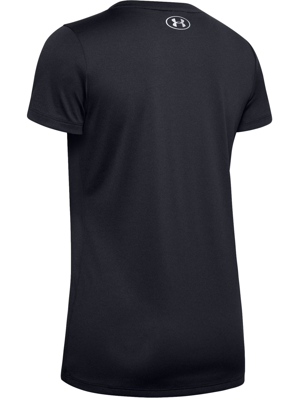 Playera deportiva Under Armour de color negro para mujer con manga corta y cuello redondo.