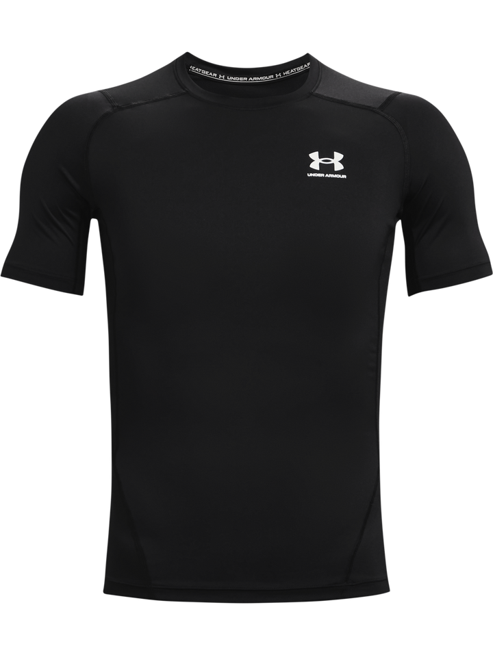 Camiseta deportiva de compresión Under Armour en color negro con logo blanco en el pecho.