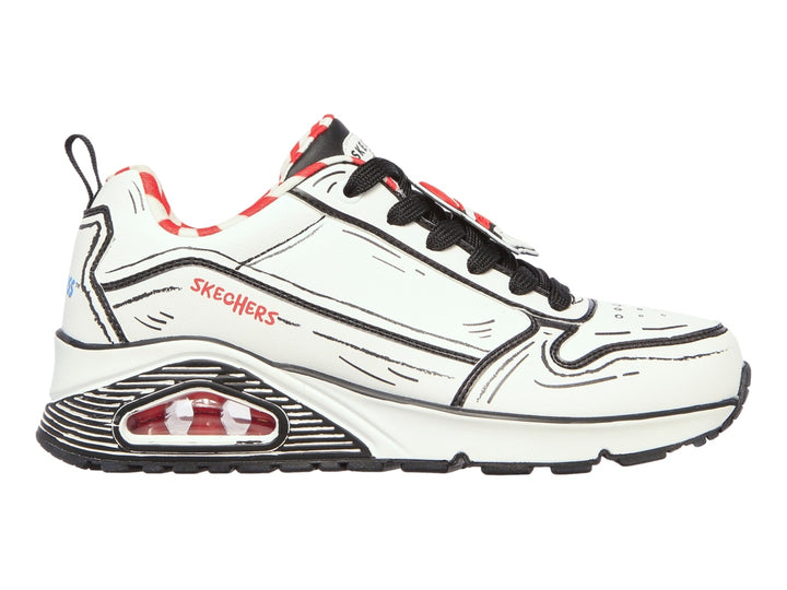 Tenis Skechers blancos con delineado negro estilo dibujo animado y detalles en rojo.