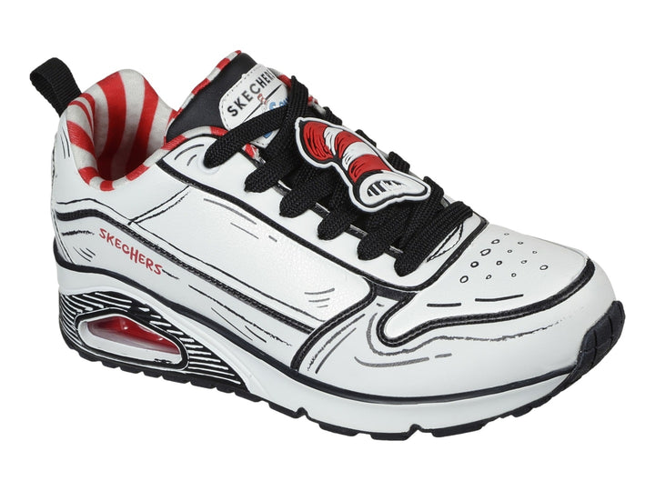 Tenis Skechers blancos con delineado negro estilo dibujo animado y detalles en rojo.