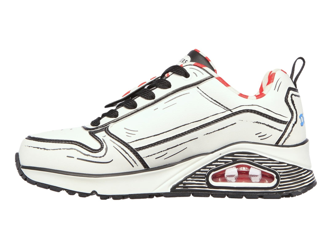 Tenis Skechers blancos con delineado negro estilo dibujo animado y detalles en rojo.