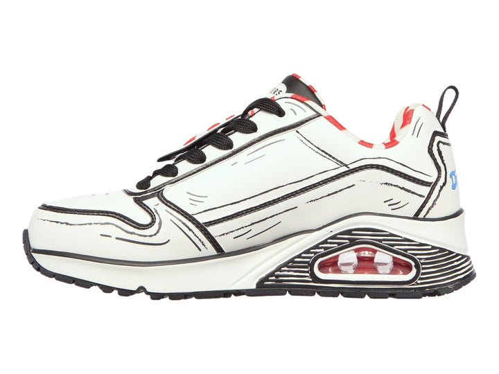 Tenis Skechers blancos con delineado negro estilo dibujo animado y detalles en rojo.