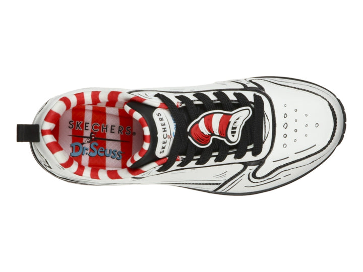 Tenis Skechers blancos con delineado negro estilo dibujo animado y detalles en rojo.