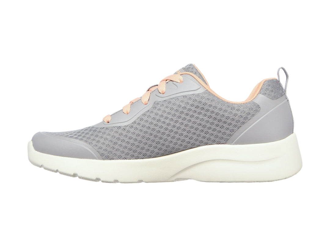 Tenis deportivos Skechers para mujer en color gris con detalles en coral y suela blanca.