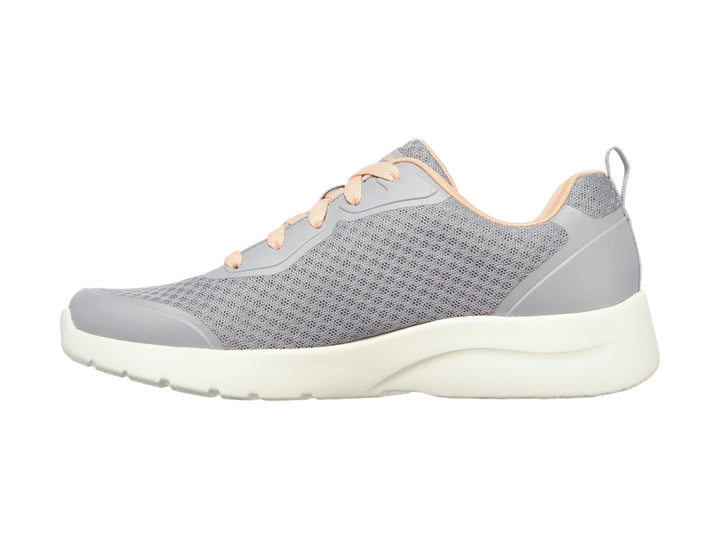 Tenis deportivos Skechers para mujer en color gris con detalles en coral y suela blanca.