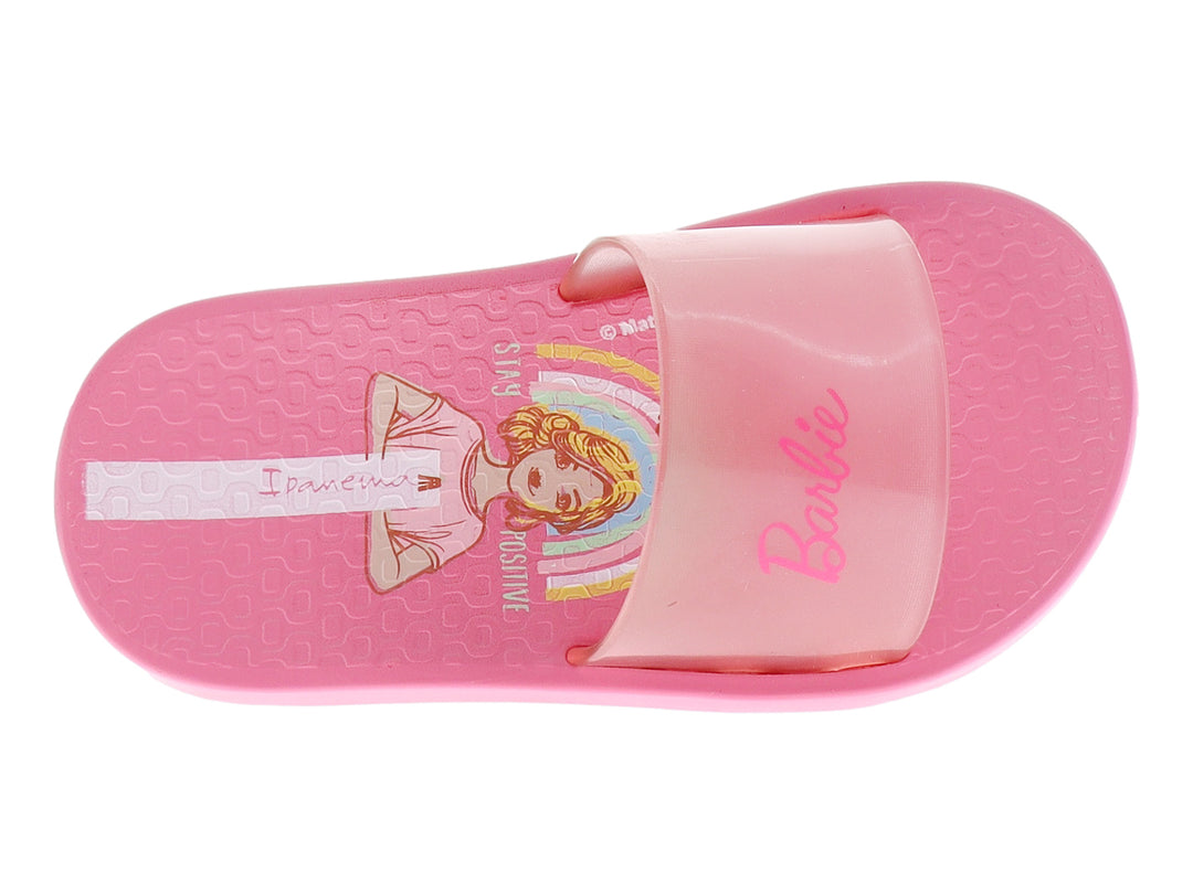 Sandalias Ipanema color rosa para niña con logotipo de Barbie en la correa.