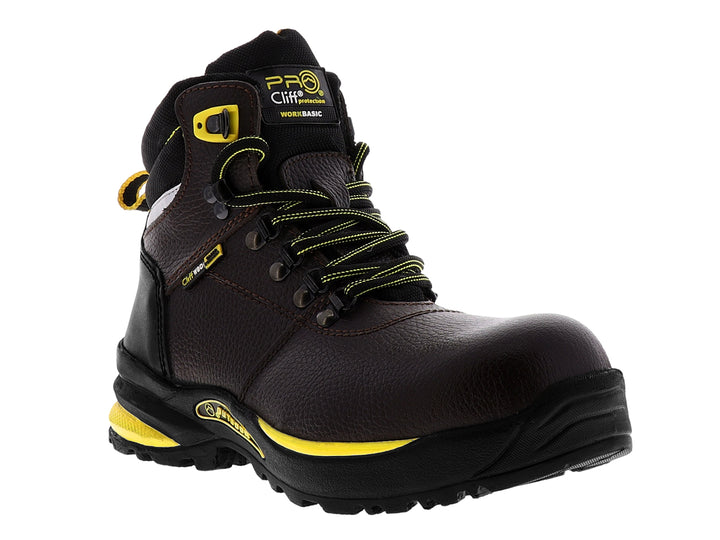 Bota de seguridad industrial color caoba con detalles en amarillo y suela negra.
