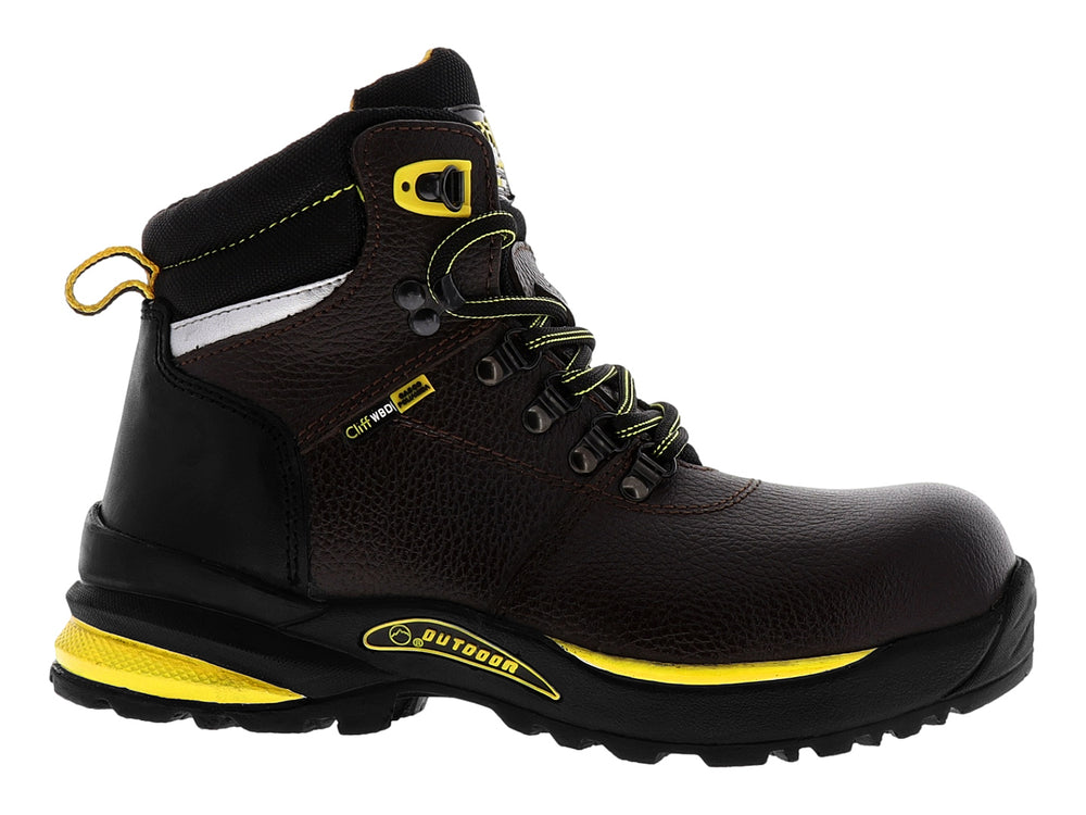 Bota de seguridad industrial color caoba con detalles en amarillo y suela negra.