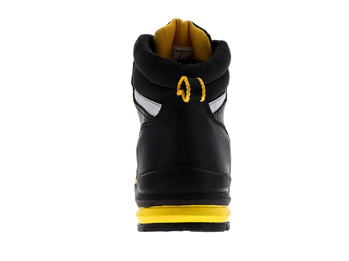Bota de seguridad industrial color caoba con detalles en amarillo y suela negra.