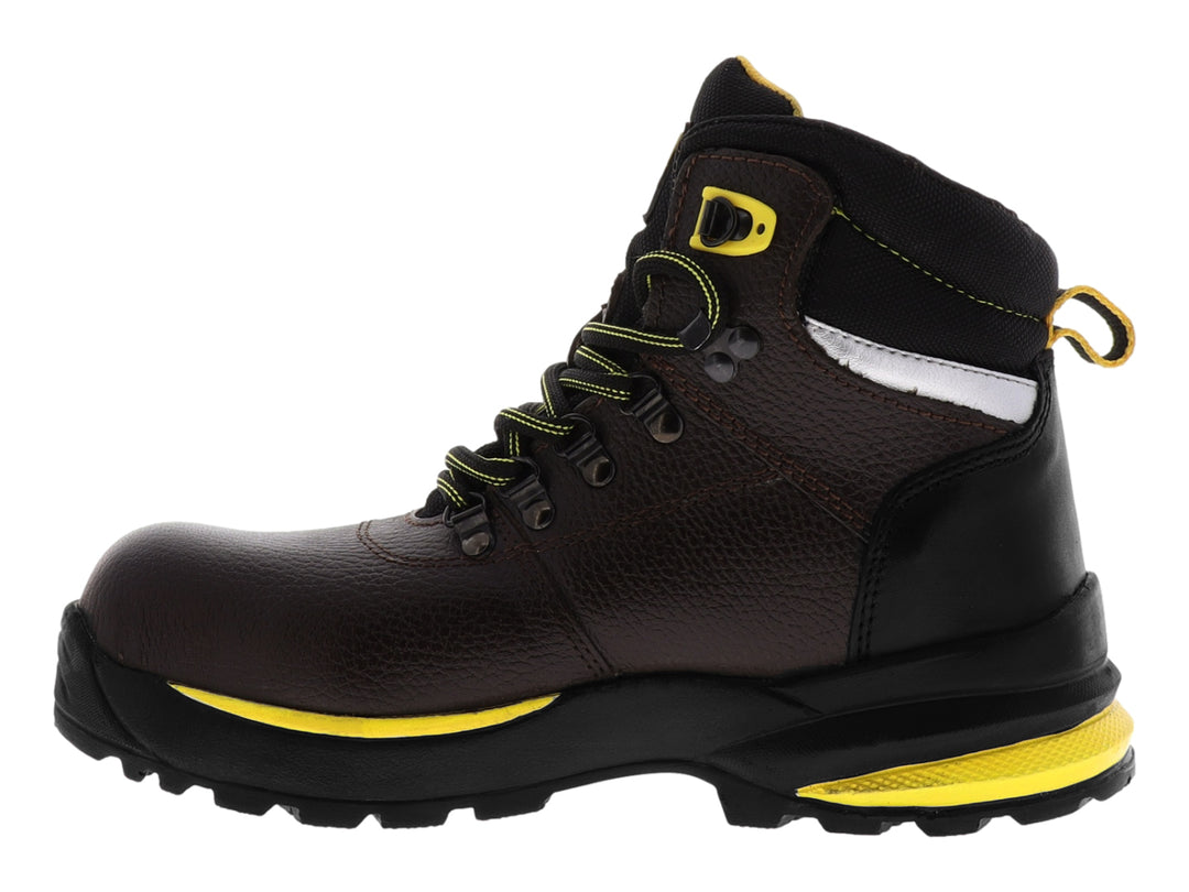 Bota de seguridad industrial color caoba con detalles en amarillo y suela negra.