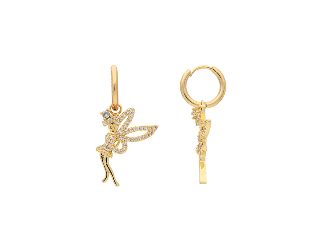 Par de aretes de aro en color oro con dije decorativo incrustado con piedras brillantes.