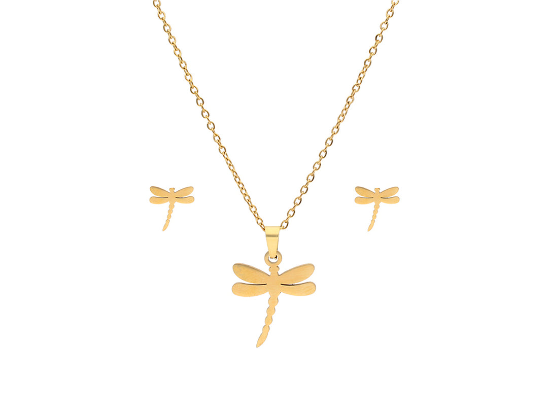 Set de joyería en color oro con collar y aretes en forma de libélula.