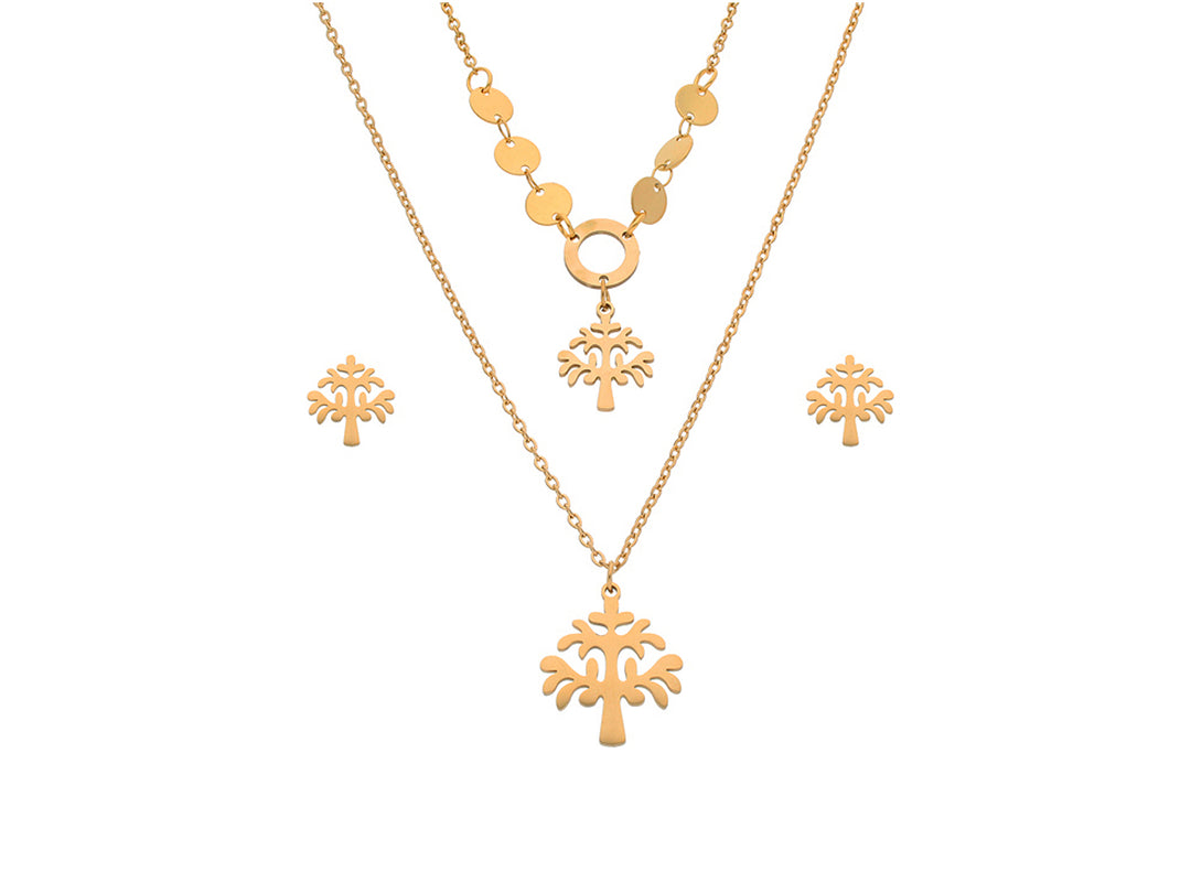 Set de joyería color oro con dos collares y aretes con dije de árbol de la vida.
