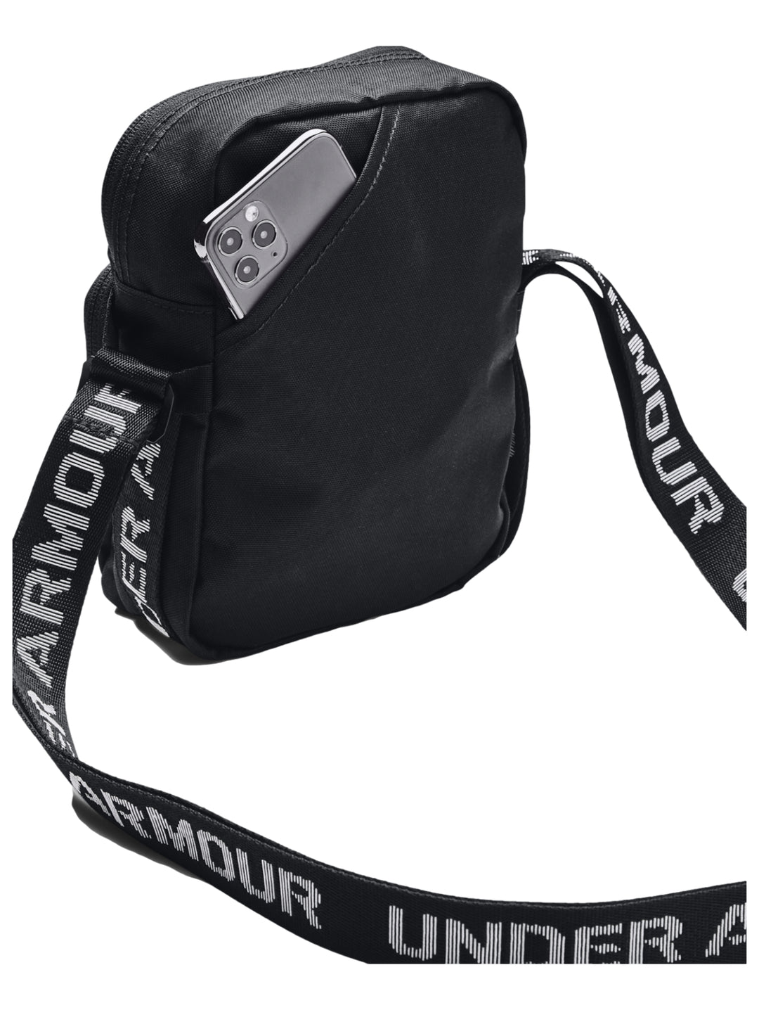 Bolso crossbody Under Armour de color negro con logotipo blanco y correa ajustable.