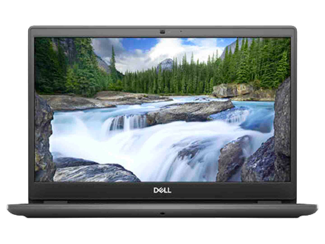Laptop Dell color negro con pantalla encendida mostrando un paisaje natural de cascada y bosque.