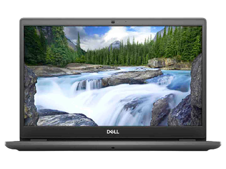 Laptop Dell color negro con pantalla encendida mostrando un paisaje natural de cascada y bosque.