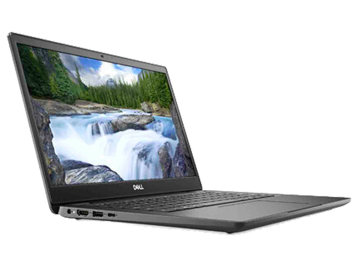 Laptop Dell color negro con pantalla encendida mostrando un paisaje natural de cascada y bosque.