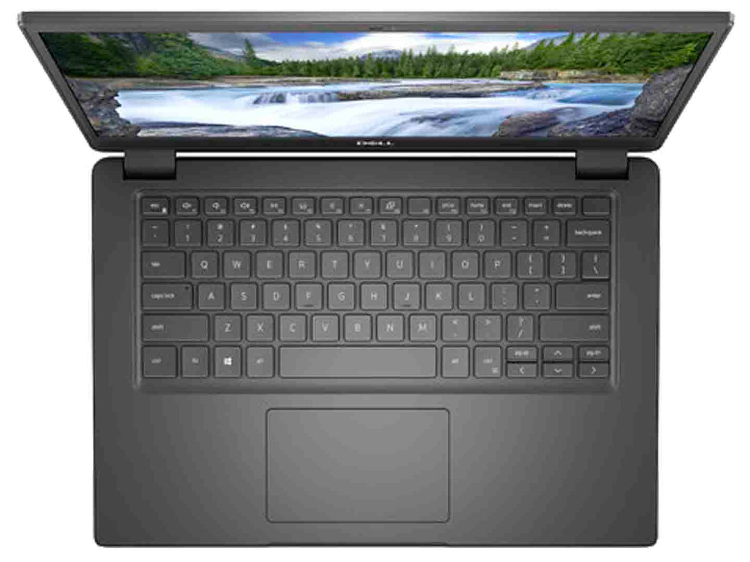 Laptop Dell color negro con pantalla encendida mostrando un paisaje natural de cascada y bosque.