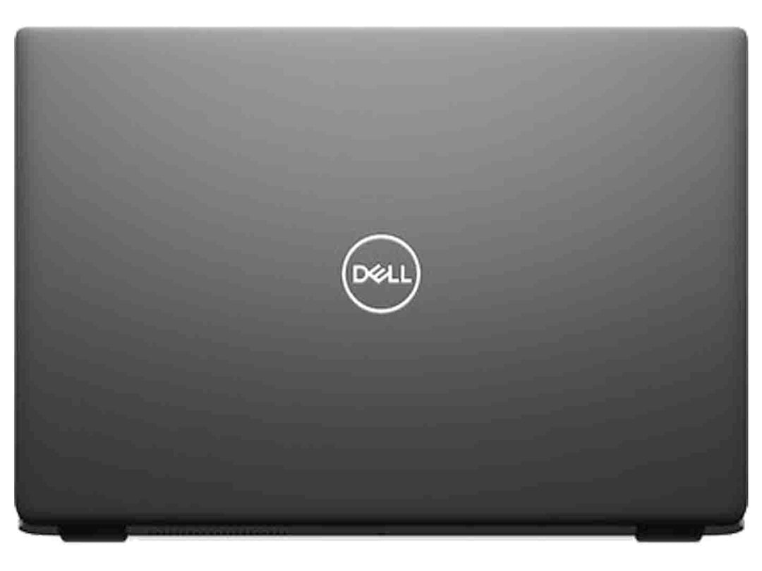 Laptop Dell color negro con pantalla encendida mostrando un paisaje natural de cascada y bosque.