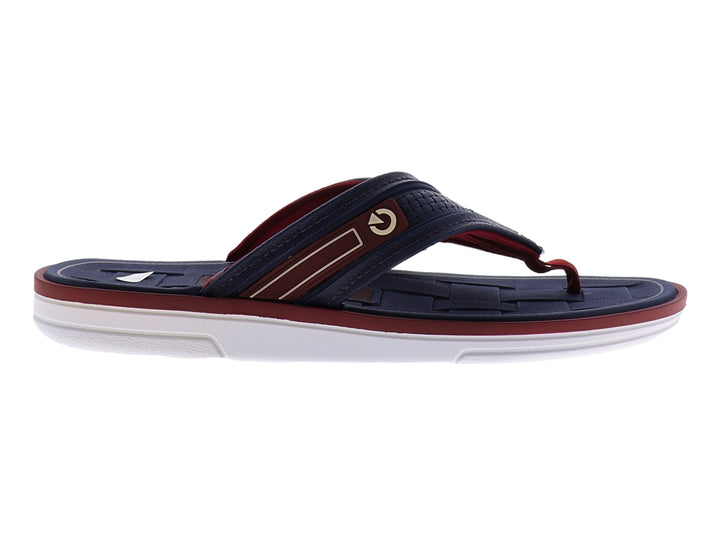 Sandalias Cartago color azul marino con suela blanca y detalles en rojo.
