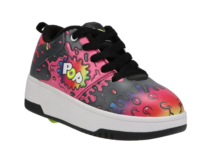 Tenis patín Heelys para niña con diseño multicolor splatter, suela blanca y negra.