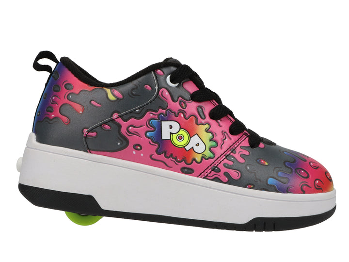 Tenis patín Heelys para niña con diseño multicolor splatter, suela blanca y negra.