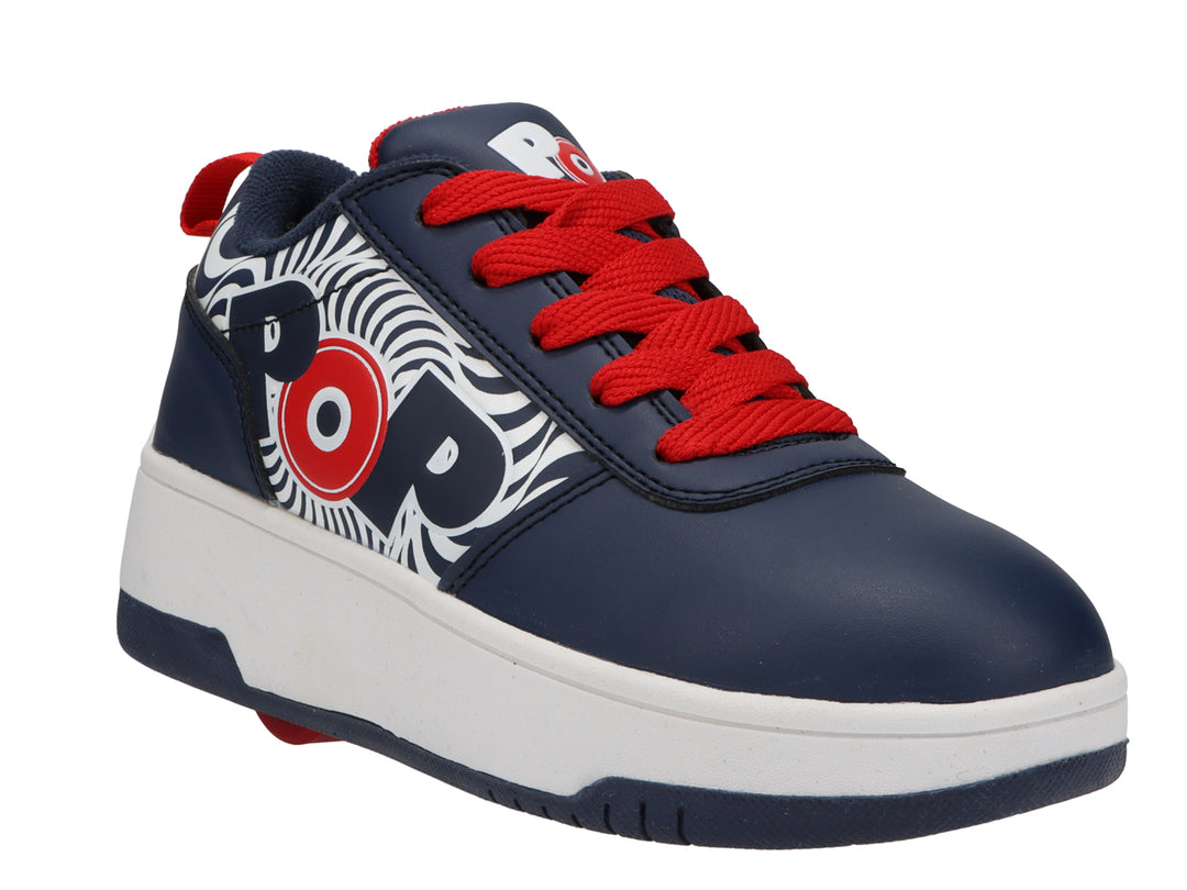 Tenis Heelys color azul marino con detalles en blanco y rojo, diseño gráfico lateral y suela blanca gruesa.