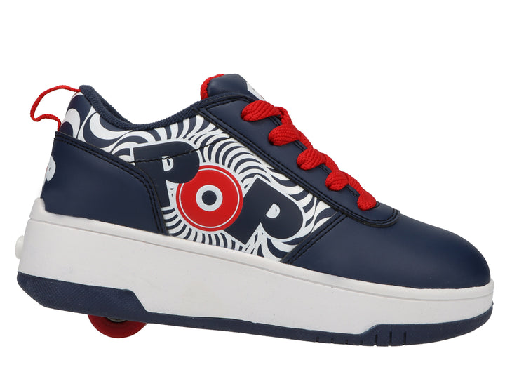 Tenis Heelys color azul marino con detalles en blanco y rojo, diseño gráfico lateral y suela blanca gruesa.