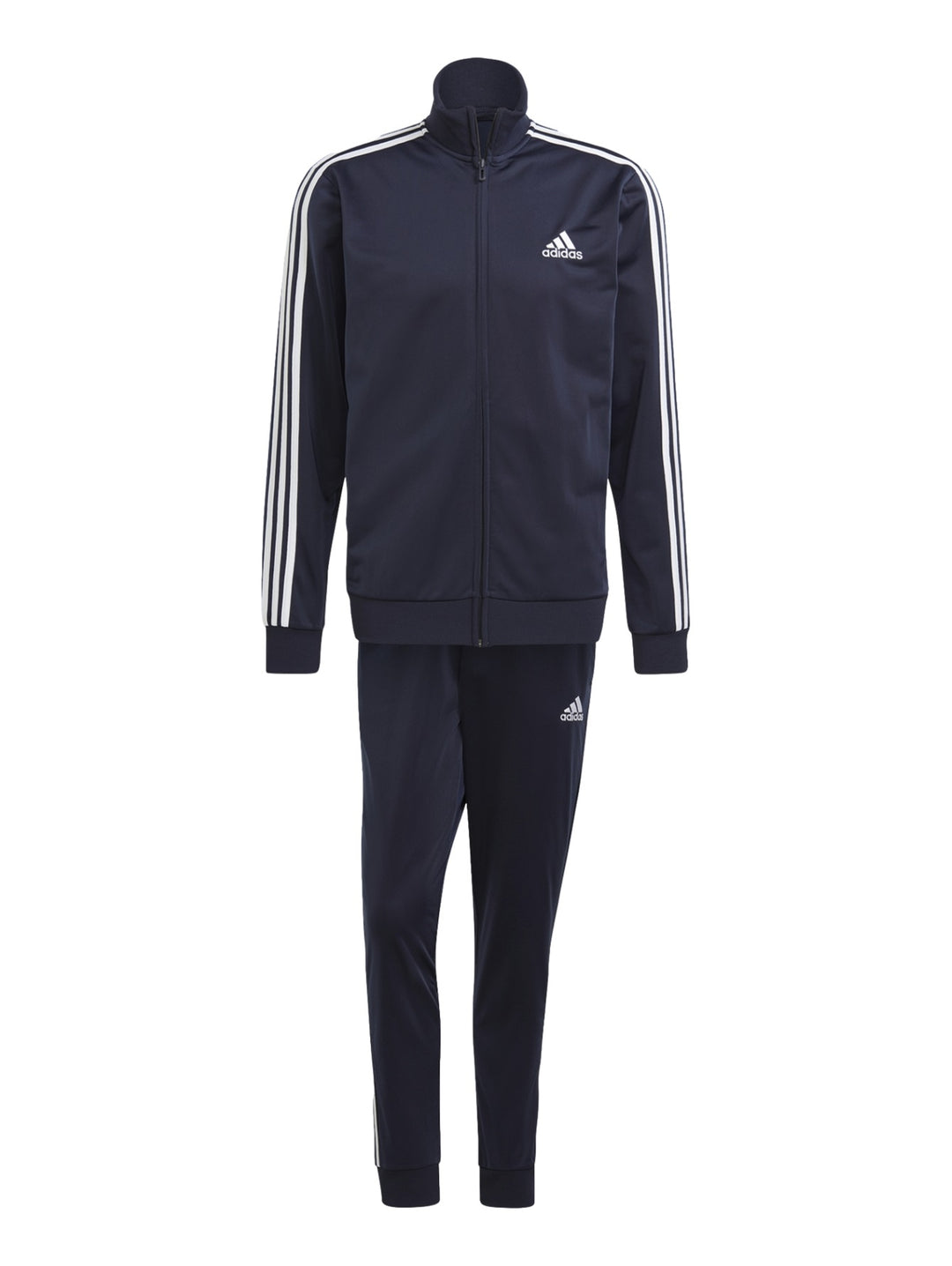 Hombre vistiendo conjunto deportivo Adidas azul marino con tres franjas blancas laterales.