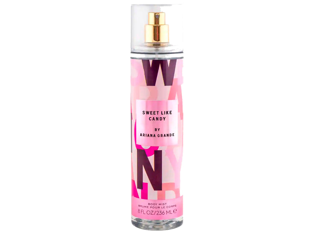 Botella cilíndrica de bruma corporal Sweet Like Candy de Ariana Grande con diseño multicolor en tonos rosa y morado.