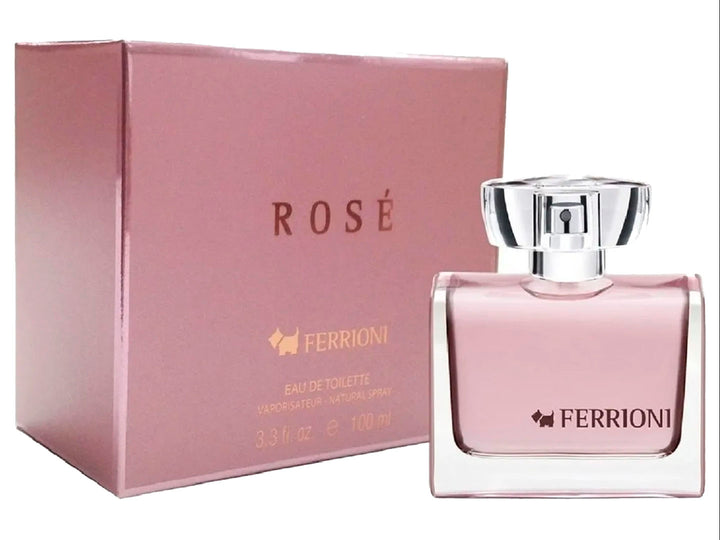 Perfume Ferrioni Rosé para mujer en botella de vidrio rosa con su caja coordinada.