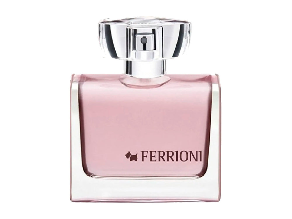Perfume Ferrioni Rosé para mujer en botella de vidrio rosa con su caja coordinada.