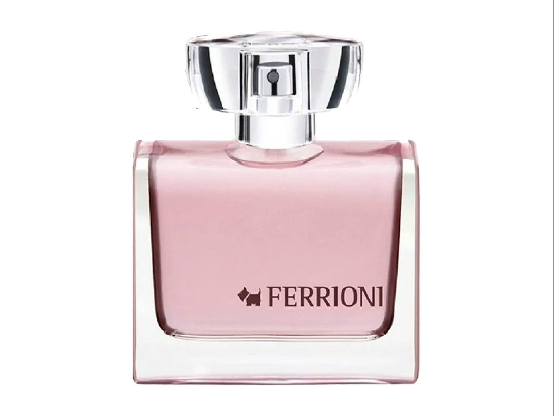 Perfume Ferrioni Rosé para mujer en botella de vidrio rosa con su caja coordinada.