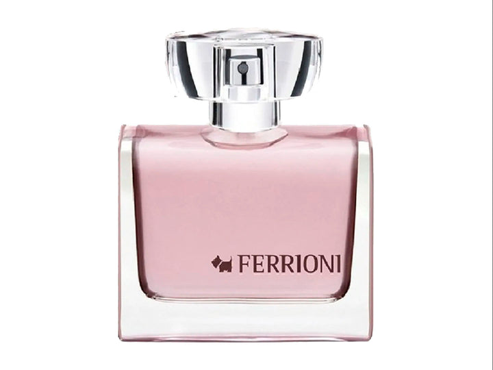 Perfume Ferrioni Rosé para mujer en botella de vidrio rosa con su caja coordinada.