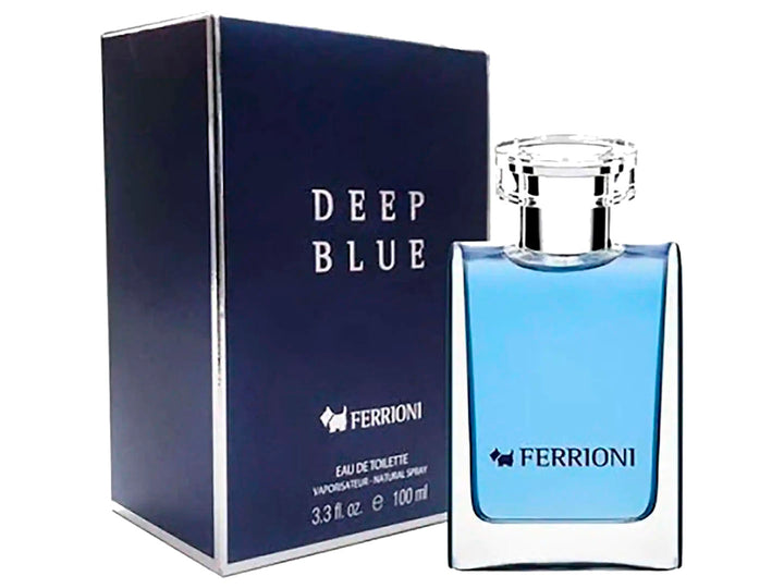 Perfume Ferrioni Deep Blue en botella de vidrio azul con su caja azul marino