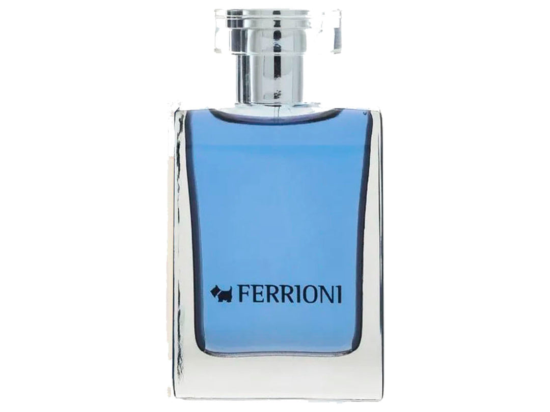 Perfume Ferrioni Deep Blue en botella de vidrio azul con su caja azul marino