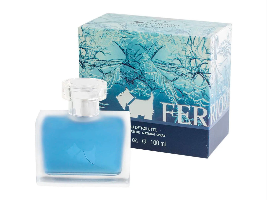 Botella de perfume Ferrioni Terrie Ice Blue de 100 ml con su caja decorada en tonos azules y blancos.
