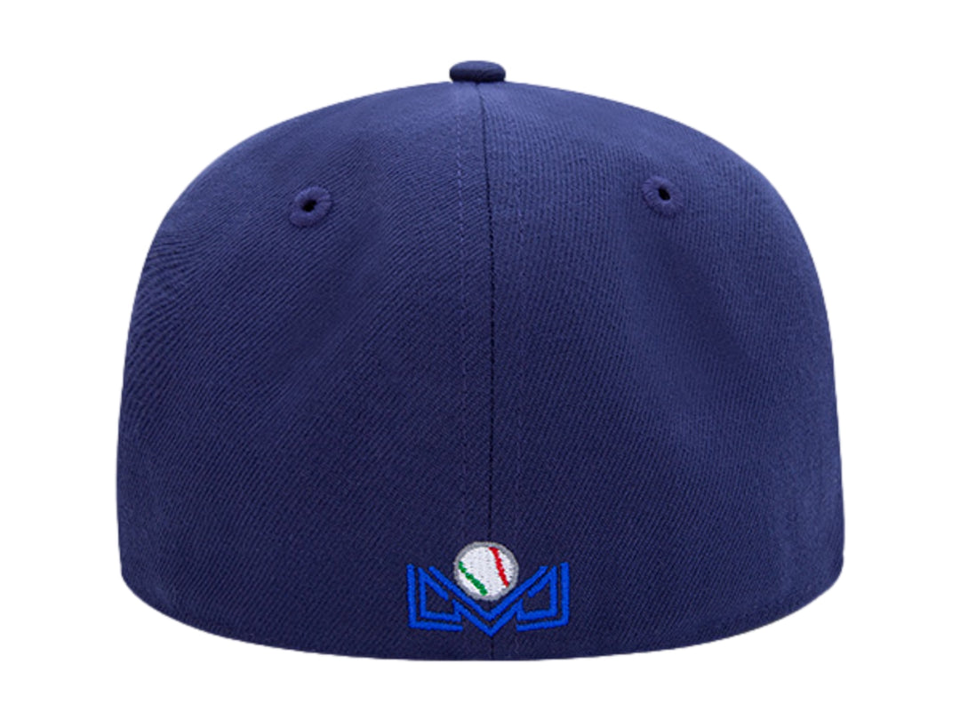 Gorra de béisbol New Era blanca y azul marino con logotipo frontal en amarillo y azul.
