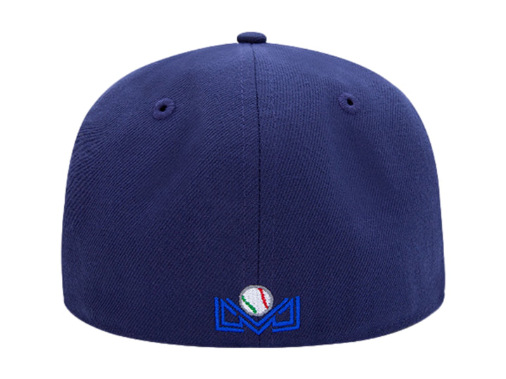 Gorra de béisbol New Era blanca y azul marino con logotipo frontal en amarillo y azul.