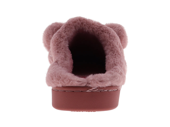 Pantufla rosa de textura peluda con pompones decorativos.
