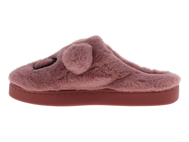 Pantufla rosa de textura peluda con pompones decorativos.