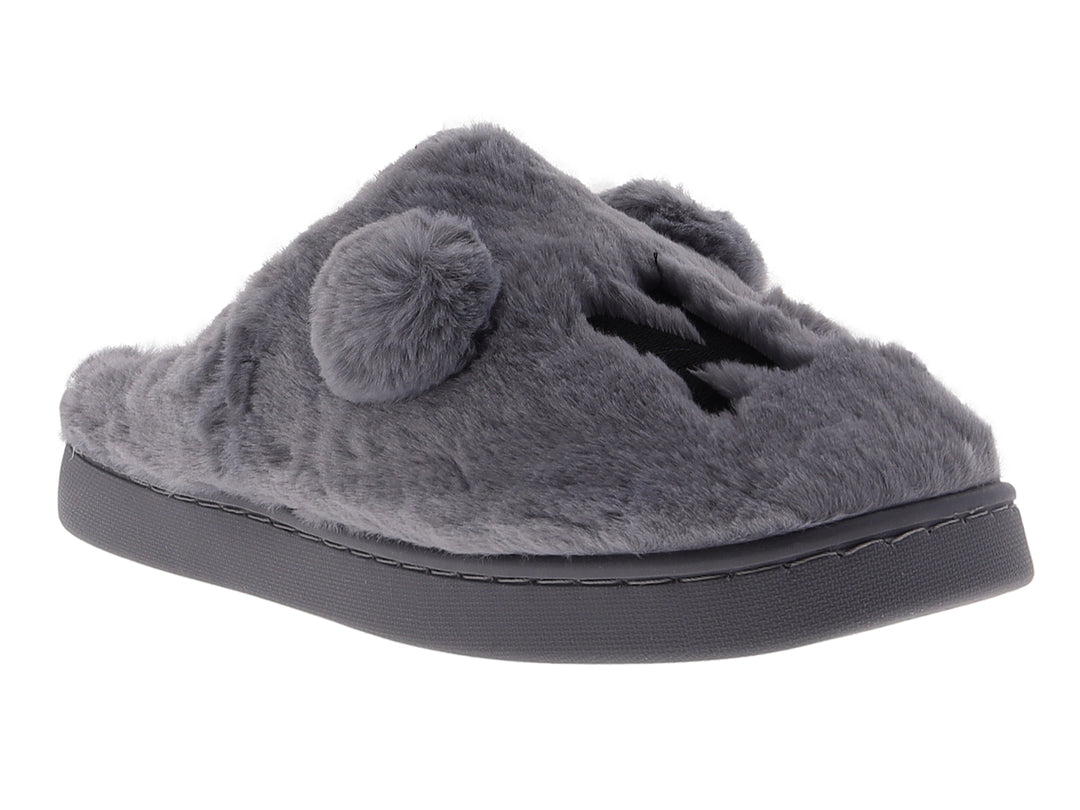 Pantufla gris de material peludo con un pompón decorativo y suela sintética.