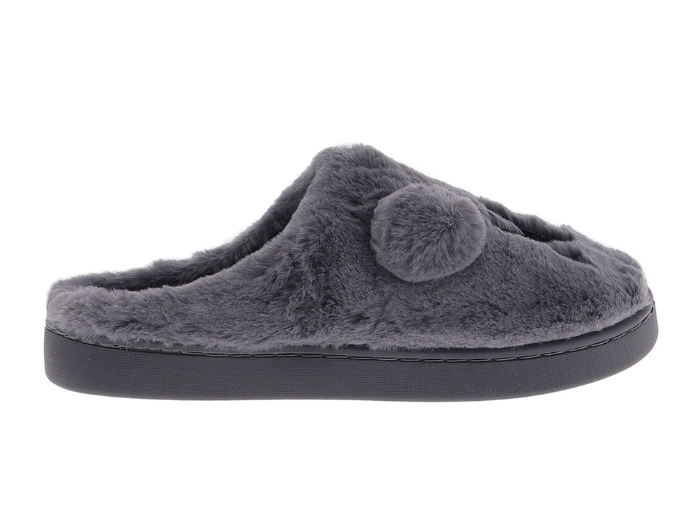 Pantufla gris de material peludo con un pompón decorativo y suela sintética.