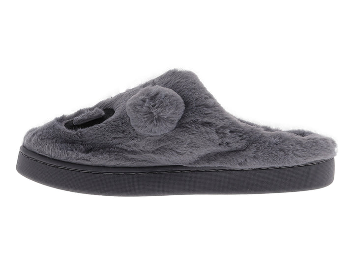 Pantufla gris de material peludo con un pompón decorativo y suela sintética.