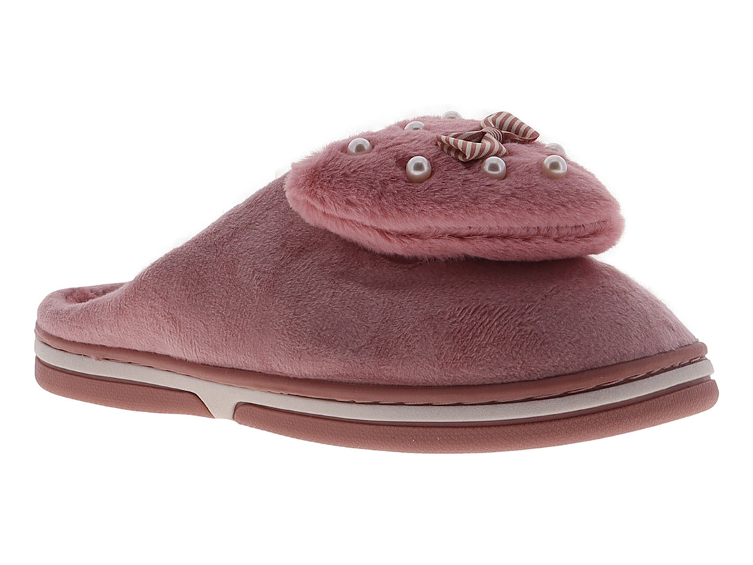 Pantufla de peluche color fucsia con detalle de moño y perlas decorativas en la parte superior.
