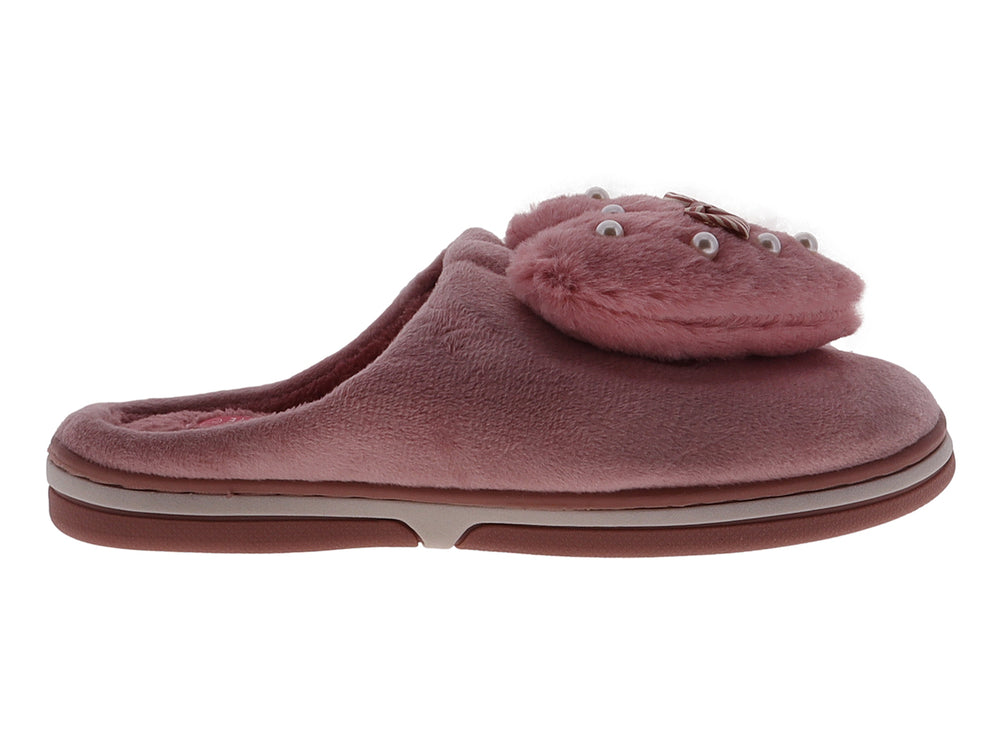 Pantufla de peluche color fucsia con detalle de moño y perlas decorativas en la parte superior.