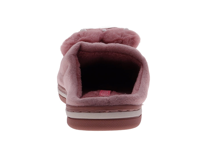 Pantufla de peluche color fucsia con detalle de moño y perlas decorativas en la parte superior.