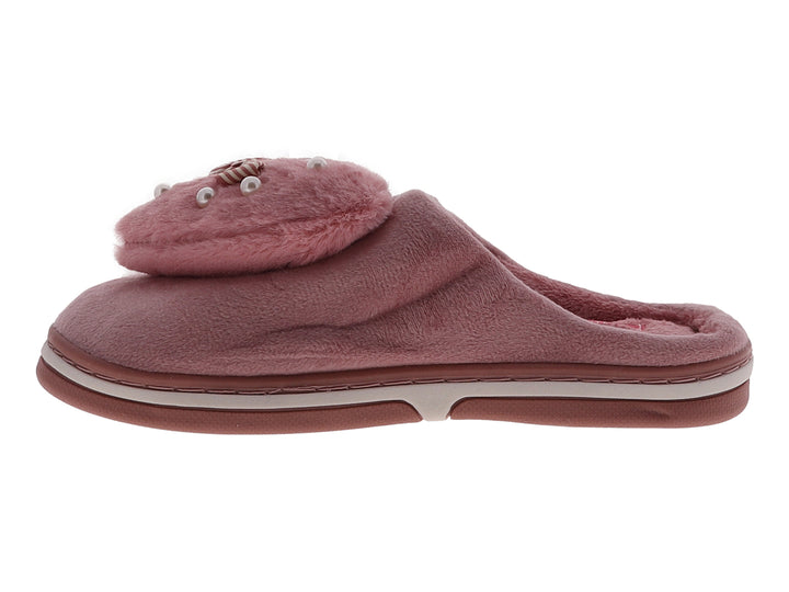 Pantufla de peluche color fucsia con detalle de moño y perlas decorativas en la parte superior.