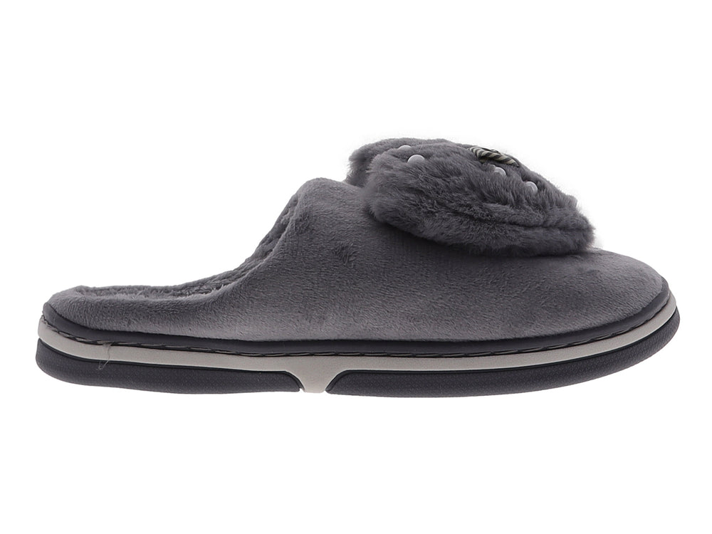 Pantufla gris de textura suave con detalle de peluche en la parte superior y suela antiderrapante.