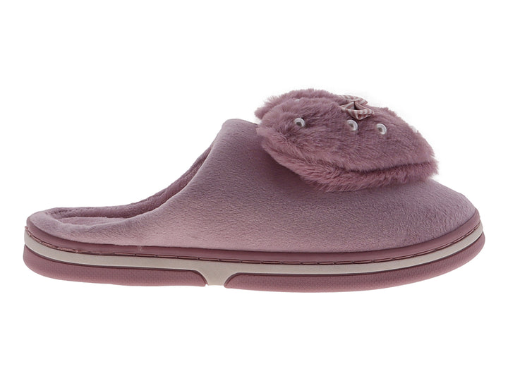 Pantufla morada de textura suave con detalle de peluche, moño y perlas decorativas.